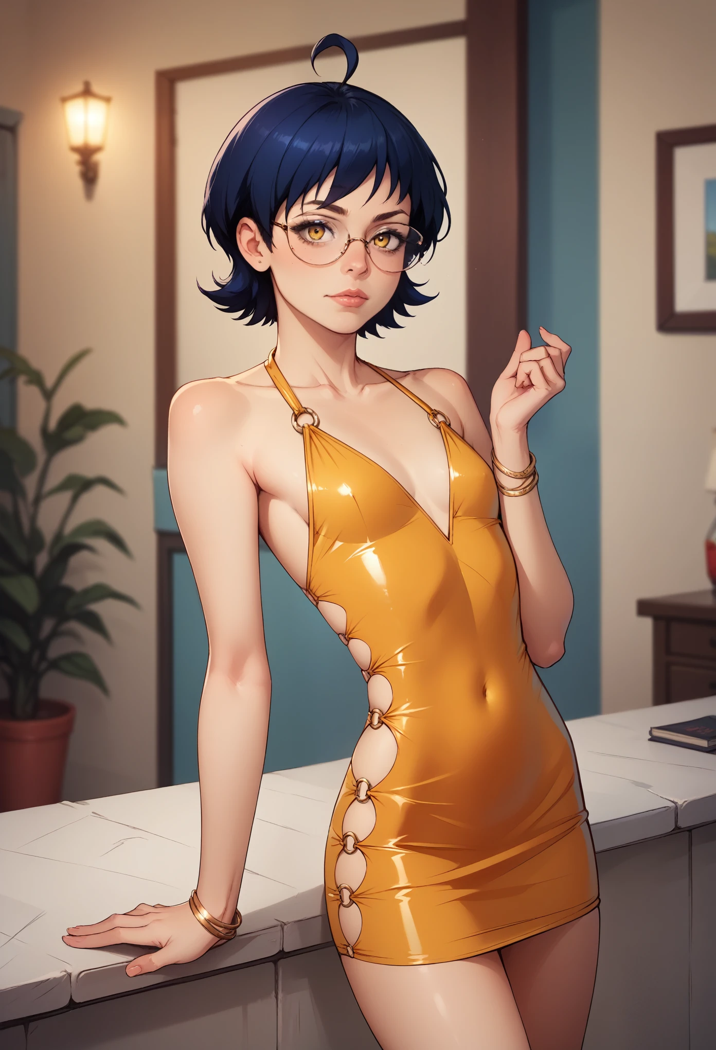 score_9, score_8_up, score_7_up, score_6_up, 8k, high detailed picture, realistic style, masterpiece, very young girl, no panty, perfect absolutely small breasts, disheveled hair, mz, ahoge, short hair, blue hair, yellow eyes, glasses, big brightness eyes, 16k, masterpiece, realistic style, perfect fingers, tomboy, flat chest, pixie cut, circle-glasses, bodycon, shiny dress, microdress, o-ring, AniPnyXLQual