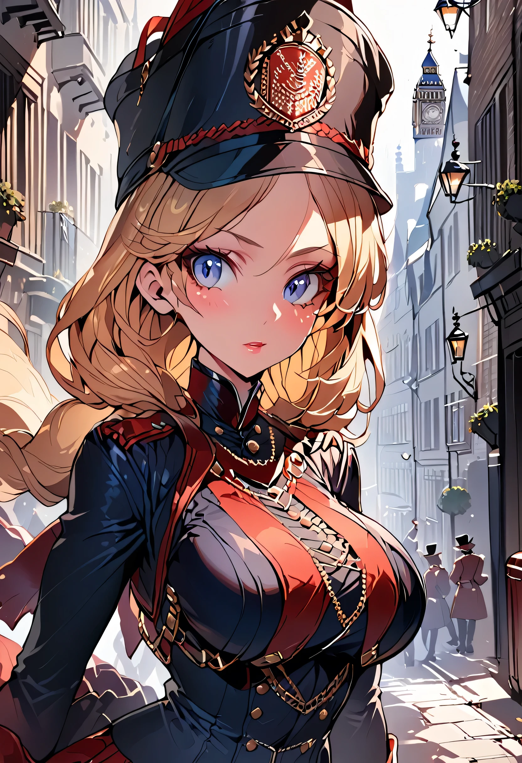 A woman, smooth skin, white skin, big eyes, long eyelashes , small torso, Wide hips, ( The best quality ),  masterpiece, blonde hair, Milf, mature woman, (Early Modern Soldier ) , ( she's wearing a military general's uniform), (She is wearing a bicorn hat), (ultra high Bloom), (High quality Shaders), (shadows), (Ultra shadow quality), (She's on the streets of London in 1850 ) 