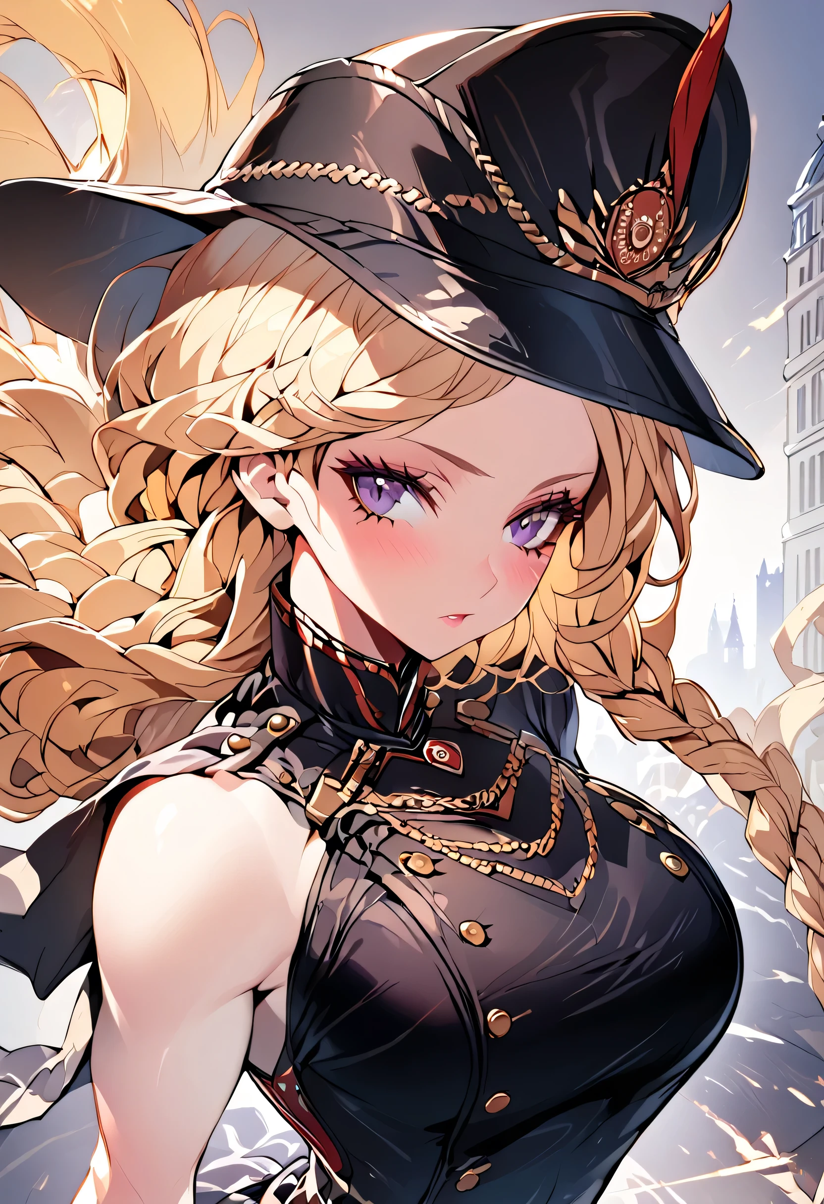 A woman, smooth skin, white skin, big eyes, long eyelashes , small torso, Wide hips, ( The best quality ),  masterpiece, blonde hair, Milf, mature woman, (Early Modern Soldier ) , ( she's wearing a military general's uniform), (She is wearing a bicorn hat), (ultra high Bloom), (High quality Shaders), (shadows), (Ultra shadow quality), (She's on the streets of London in 1850 ) 