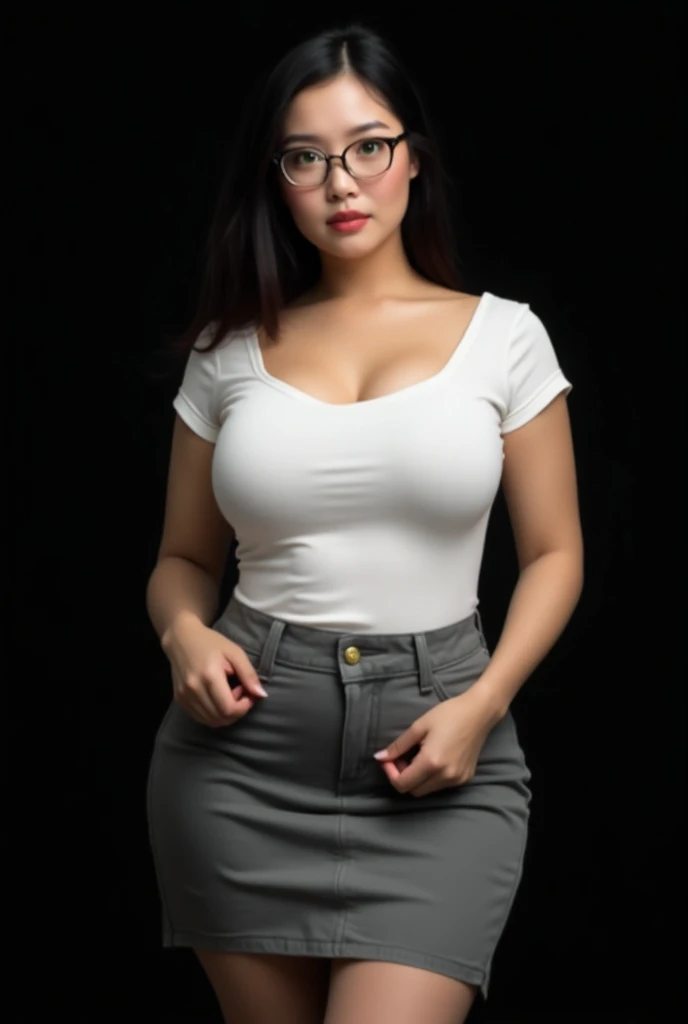 beautiful detailed, cute face, short, mexican teen, medium black hair, black hair over one eye, glasses, long sleeve tucked in shirt, long pants, pearshaped wide hips, solo, voluptuous breasts,