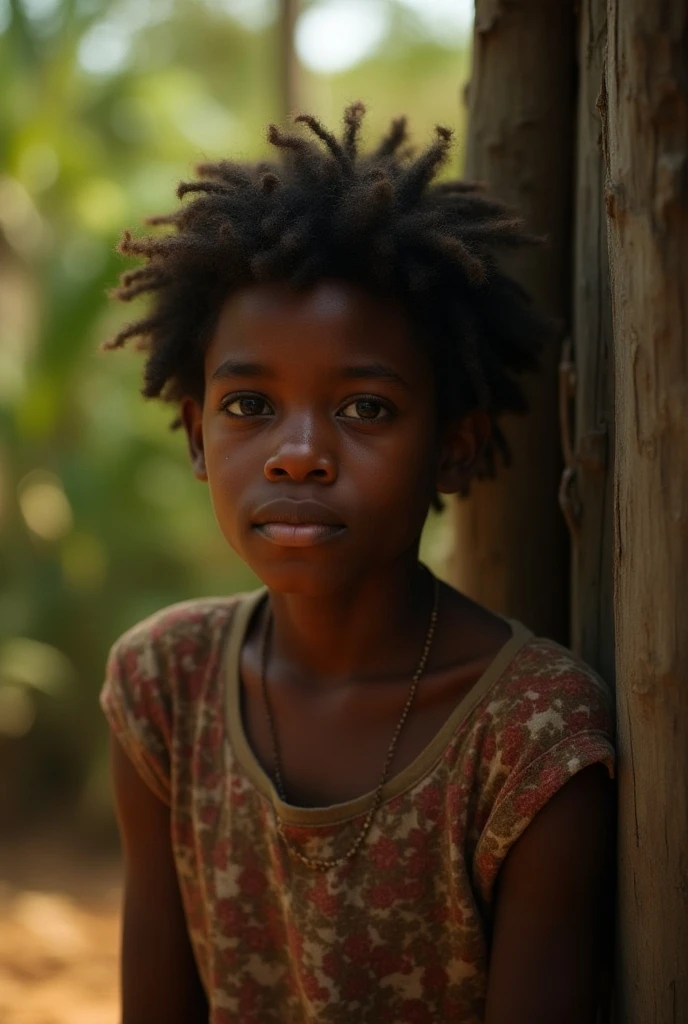 create a photo of a young black gazing towards a prison fence in the background, bathed in warm sunlight. The 's expression is one of quiet hope and determination.