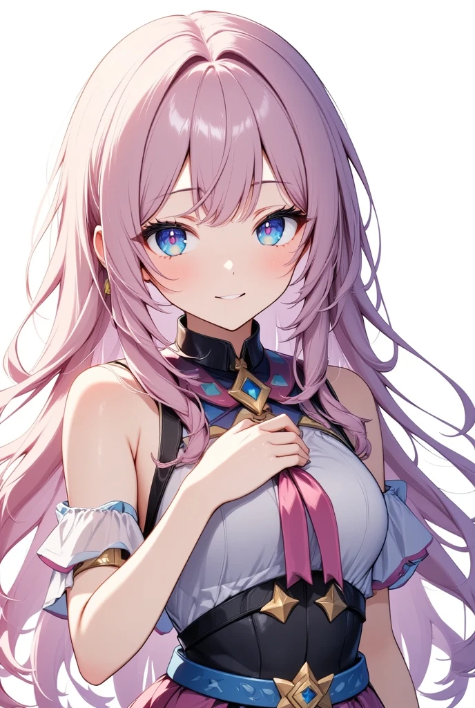 (masterpiece, best quality:1.2), 1girl, solo、citlali ,シトラリ,(cowboy shot),pink hair, parted bangs, very long hair, hair down, braids, hair ornament, (facial Mark), blue eyes,(pink pupils), tribal clothes,waistcloth,glowing eyes, blush, beautiful detailed, hyper detail, masterpiece, best quality, bright, hair ornament, facial Mark, citlali,white background