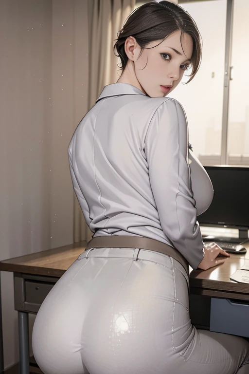 (Best Quality, 8k, 32K, masterpiece, Ultra-high resolution:1.2), One Girl,   beautiful Japanese woman , Narrow waist, grey suit,  white shirt,  office lady , suit,  Georgette Pants, from behind, Office Room, mechanical, ( stick out your butt :1.2), Detailed face, short hair,