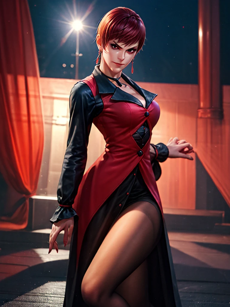 Woman in her 30s, alone, alone, athletic, very short red hair, ultra detailed, looking furiously at viewer with very upset eyes, angry gesture, has demonic costume, full body, digital art, moonlight, young woman, hands perfect and beautiful. with perfect fingers, perfect legs, beautiful body, beautiful nose, beautiful character design, perfect face, looks at the viewer (focusing on the entire character), closed mouth, Light_Smile, official art, wallpaper 8k CG extremely detailed unit, lighting perfect, bright and colorful front lighting, glowing skin (masterpiece: 1.0), (best quality: 1.0), ultra high resolution, 4K, ultra detailed photography, 8K, HDR, high resolution, nonsense: 1.2, Kodak portra 400, grain film, blurred background, bokeh: 1.2, lens flare, (vibrant_color: 1.2), professional photography, (beautiful_face: 1.5), (narrow waist)
