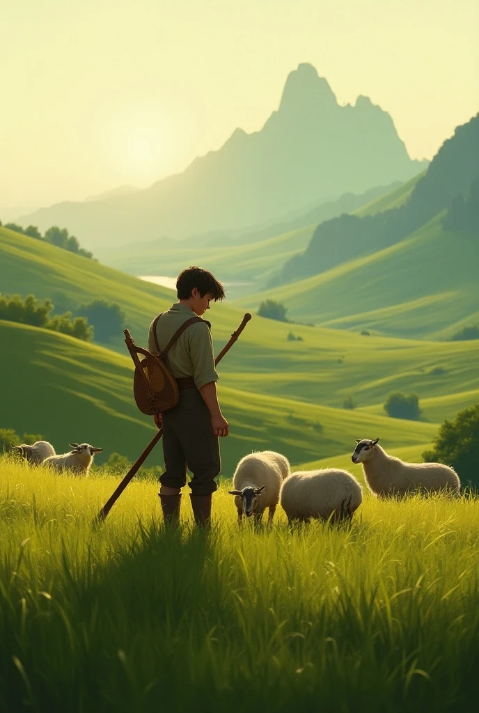 a young shepherd boy, red-haired sheep shepherd boy, with a staff in his hands, taking care of sheep, countryside background scenery, evening lighting, children's digital drawing, super realistic