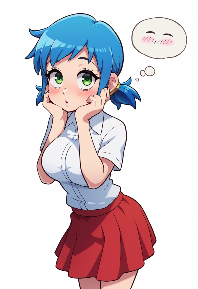 score_9, score_8_up, score_7_up, source_anime, best quality, clear face,shool skinny Nami-girl, bright blue hair, green eyes, medium hair, large breasts, perfect body, standing, looking at viewer,thinking cute ,watered eyes, china d, indoor, w,blushing,cute boob, p,mini red skirt,plain white shirt,p with hand at side,kyah,cute,Short Twintails,extremely short skirt,white socks,dimple design,deep thinking,