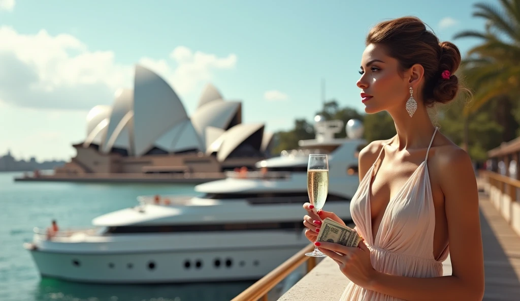 Woman at the Sydney Opera House: A beautiful woman in a designer dress stands by the Sydney Opera House, holding a glass of champagne. She’s surrounded by luxury yachts and has a clutch filled with cash, showcasing her extravagant lifestyle Down Under.