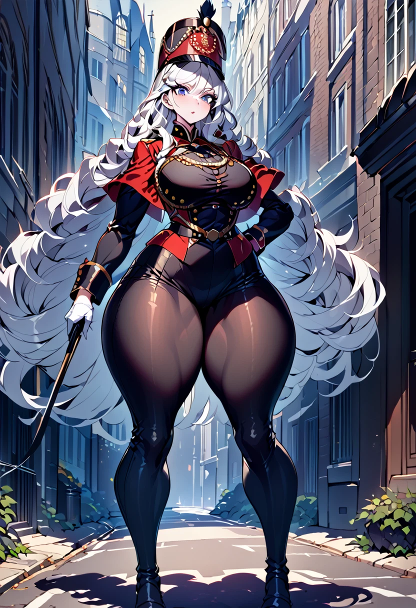 A woman, smooth skin,  white skin, big eyes, long eyelashes , small torso,  Wide Hips , thick thighs , ( The best quality ),  masterpiece, Milf, mature woman, (Early Modern Soldier ) , ( she is wearing a military general's uniform ), (she is wearing tight black pants ), (ultra high Bloom), (High quality Shaders), (shadows), (Ultra shadow quality), (She's on the streets of London in 1850 ) 