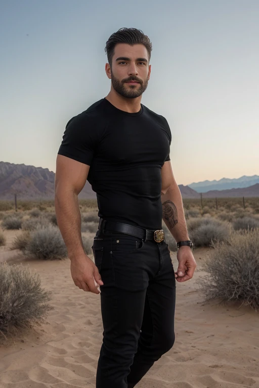 Michele Vittorio macho handsome black t-shirt, bearded and muscular man, very handsome and manly, intricate, elegant, smiling at camera, sharp focus, photo by greg rutkowski, soft natural lighting, sunset in background, vibrant colors, masterpiece, in middle of the desert, sexy Whole body, black jeans con estoperoles, big bulge, black t-shirt versace elegant different warm colors in profile , sexy hot, cinturón grueso con estoperoles, piernas fuertes y musculosas,  gran bulto manos masculinas , very handsome , manos perfectas 