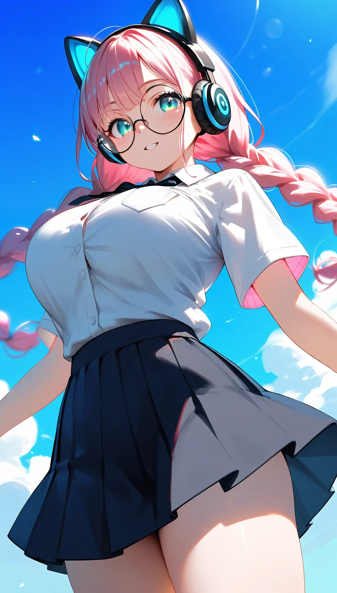 (best quality:1.2), (ultra-detailed:1.2), (2.5D:1.2), (Anime Moe Art Style), 1girl , pink hair,  Cyan eyes, gradient eyes, twin braids, blue Glowing cat ear headphones, black round glasses, large breasts , mini skirt, dynamic angle,panty shot