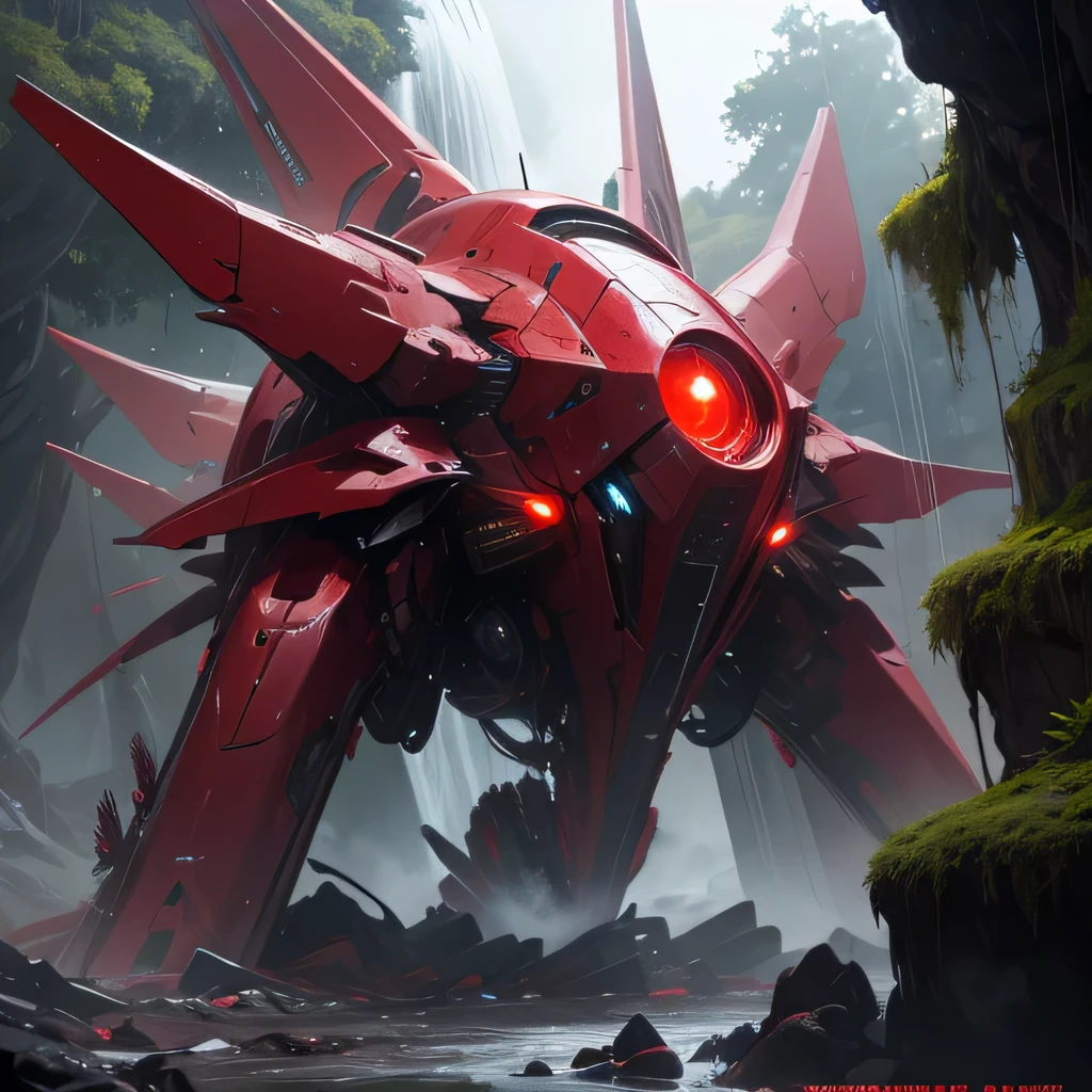 Futuristic vortex laser drone creature with a giant red eye , has red spurred wings set against a backdrop of wet rocks and flowing vegetative mucus