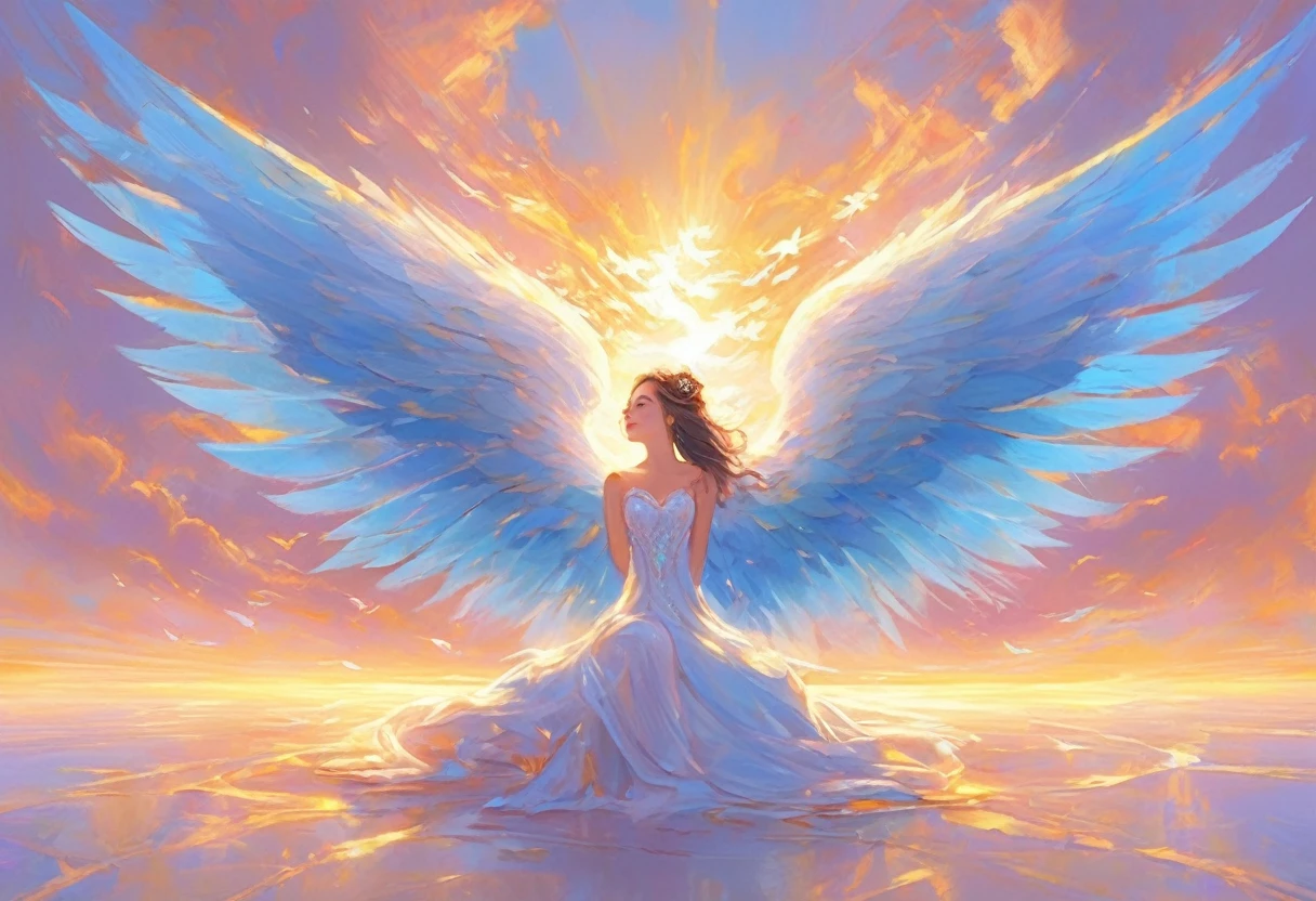 An amazing masterpiece painting of a set of wings stretched out surrounding the text "Too Much Love ?" , dynamic lighting, fine detail, best quality.