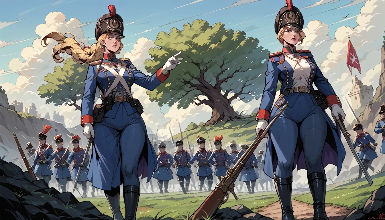 A woman, smooth skin,  white skin, big eyes, long eyelashes , small torso,  Wide Hips , ( The best quality ),  masterpiece, blonde hair, Milf, mature woman, (Early Modern Soldier ) , ( she is wearing a military general's uniform ), (She is wearing a bicorn hat), (ultra high Bloom), (High quality Shaders), (shadows), (Ultra shadow quality), (She is standing on a hill ,  from afar you can see a battlefield ,  soldiers and horses lie dead in that hell), (wide angle), seen from behind