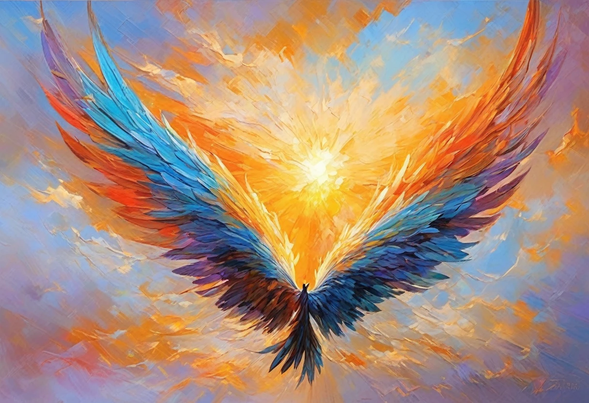 An amazing masterpiece painting of a set of wings stretched out surrounding the text "Too Much Love ?" , dynamic lighting, fine detail, best quality.