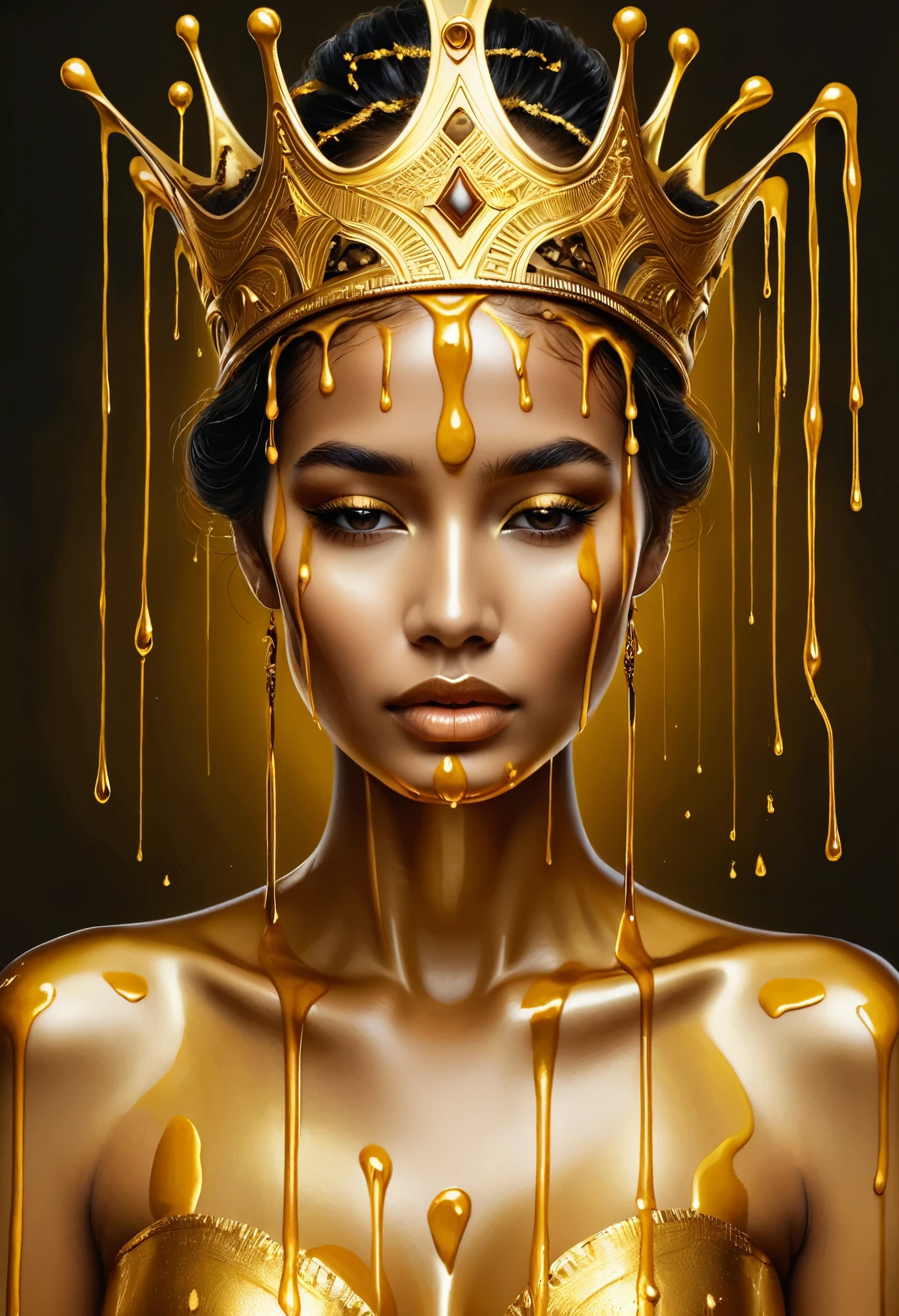  a woman with a golden crown on her head and a liquid dripping on her face, Liquid cap , Draped in shiny golden oil, Karol behind uhd, gold dripping in a spiral , dripping oil on the head, gold body paint,  oil dripping , inspired by Hedi Xandt, gold body paint, made of glowing oil, intricate oil