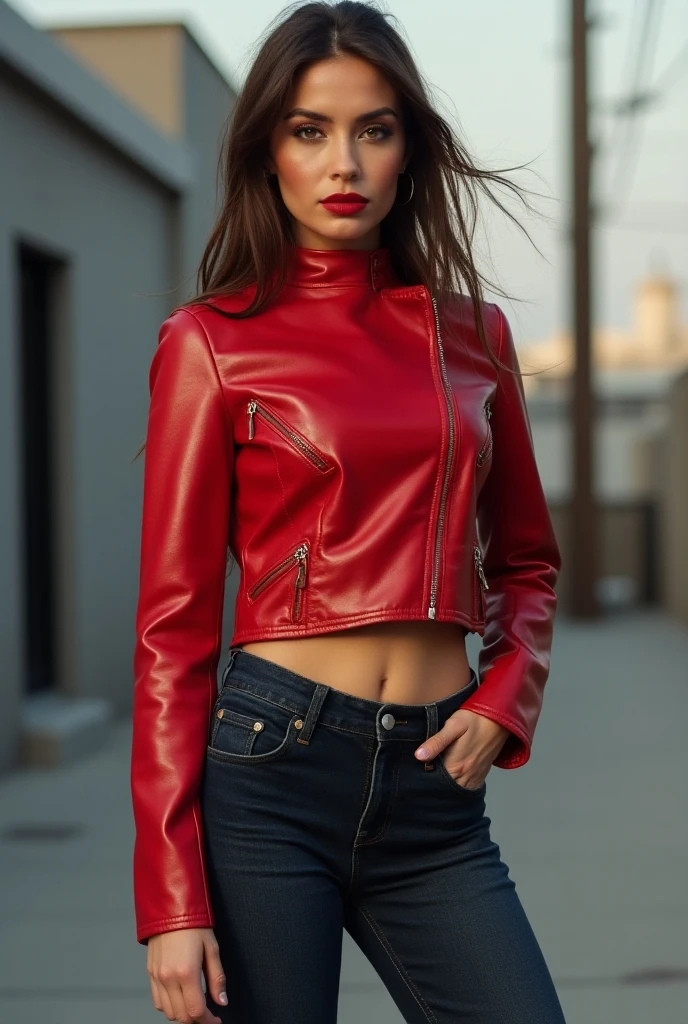 (8k、RAW Photos、highest quality、masterpiece:1.2)、(Realistic、Realistic)、1 girl、((Black mini skirt、Belly button、leather jacket、Medium Hair、Large Breasts、stage、Spotlight、View from the front、boots、Standing with hands on hips))、