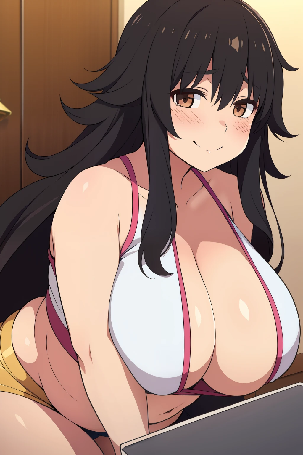 Chubby big boobs black hair brown eyes happy long messy hair blushing smile deredere 