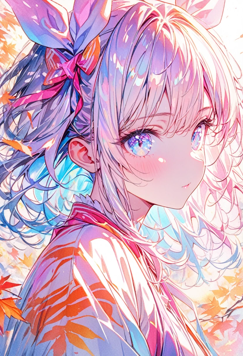 (8k, Best Quality, masterpiece:1.2),(Best Quality:1.0), (Ultra-high resolution:1.0), watercolor, Beautiful woman,  Shoulder , Hair Ribbon, Agnes Cecil,   half-body portrait wearing a tiger mask , Extremely bright shiny design , Pastel colors, (ink:1.3), autumn lights,