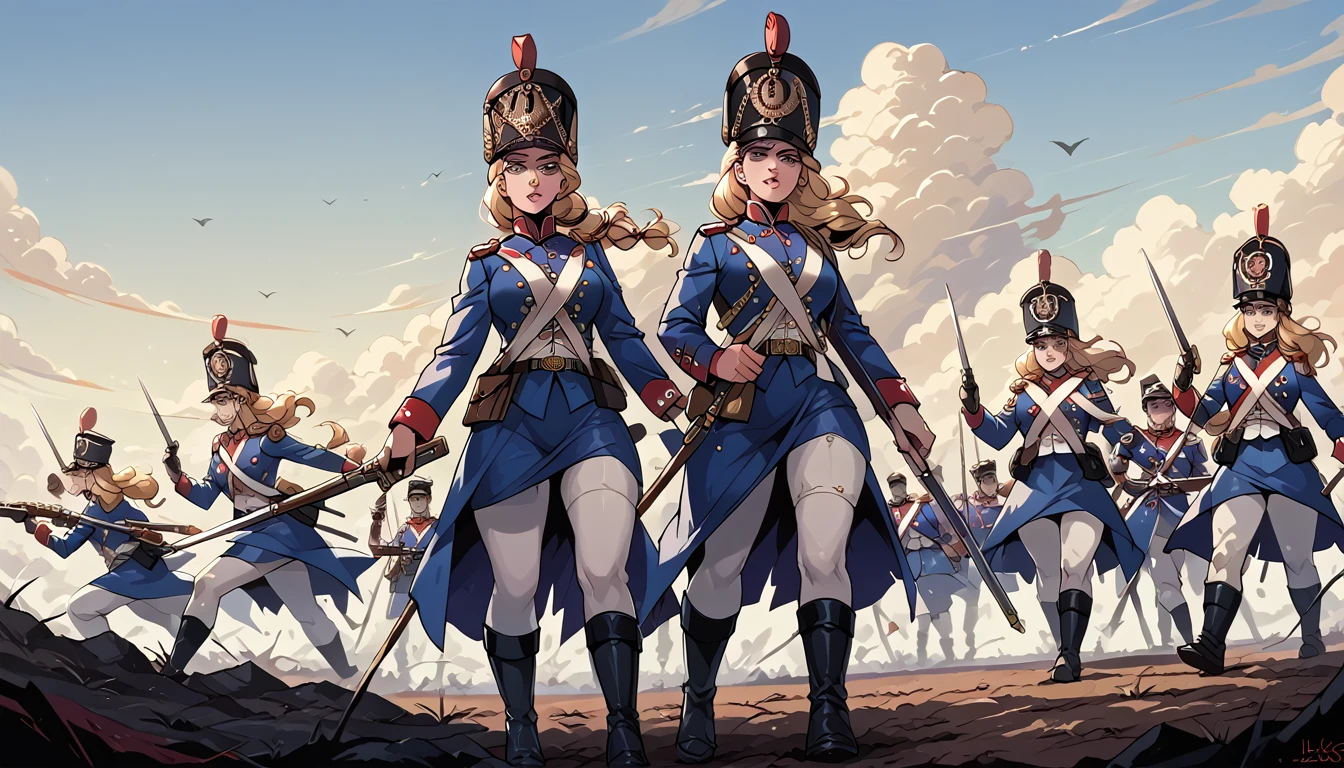 A woman, smooth skin,  white skin, big eyes, long eyelashes , small torso,  Wide Hips , ( The best quality ),  masterpiece, blonde hair, Milf, mature woman, (Early Modern Soldier ) , ( she is wearing a military general's uniform ), (She is wearing a bicorn hat), (ultra high Bloom), (High quality Shaders), (shadows), (Ultra shadow quality), (The date is June 18, 1815 ,  She commands the French troops against Great Britain and Russia in the battle of Waterloo, She is standing on a hill ,  from afar you can see a battlefield ,  soldiers and horses lie dead in that hell ), (wide angle), seen from behind