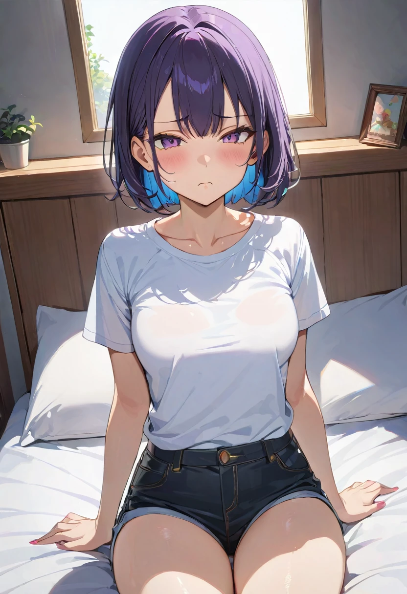 (masterpiece, highest quality:1.2), One girl, Bobcut, Sitting on the bed,White sleeveless tank top,Blue Denim Shorts