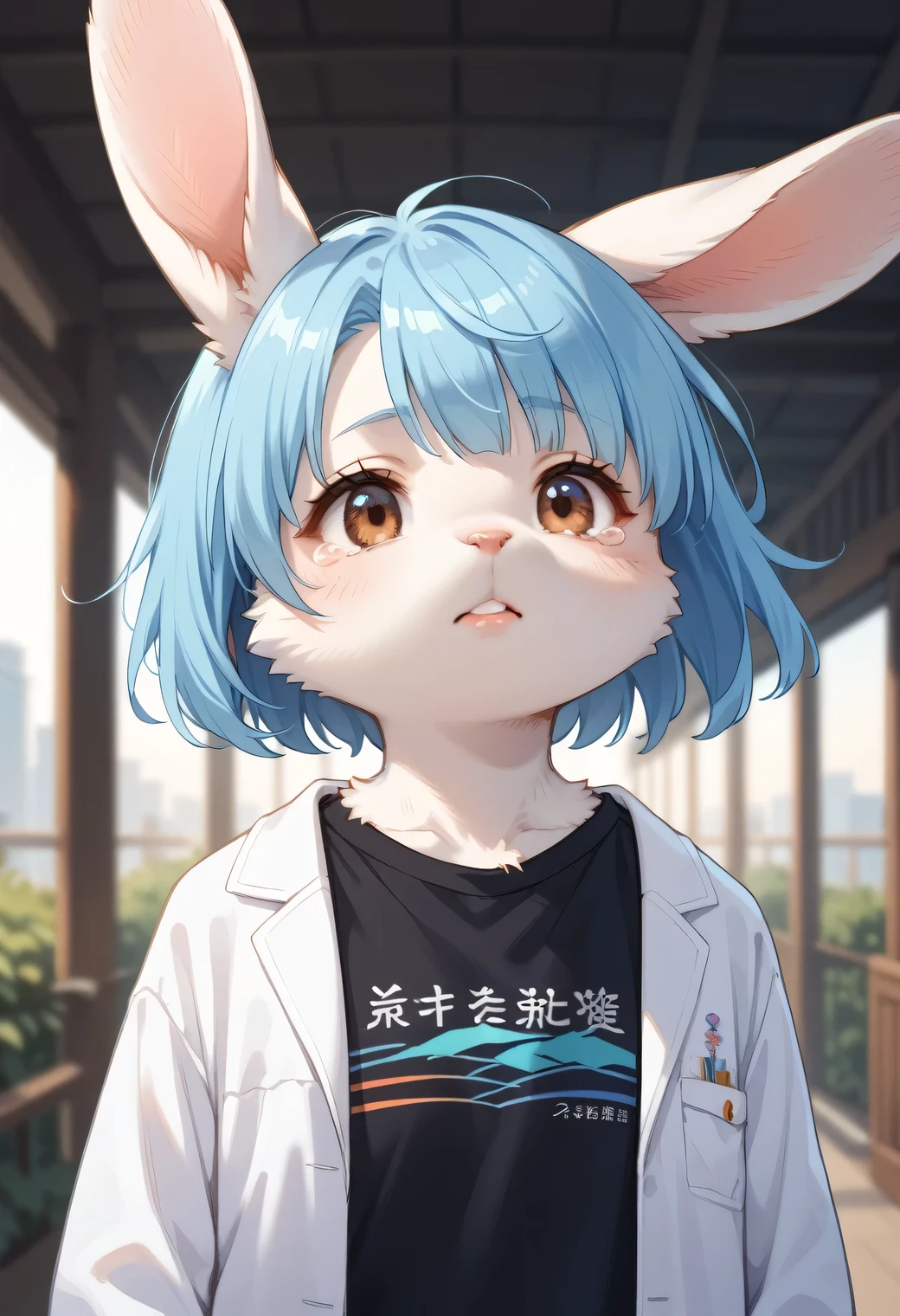 score_9, score_8_up, score_7_up, score_6_up, score_5_up, score_4_up, source_anime, best quality, amazing quality, very aesthetic, absurdres, 1girl, (furry, kemono1.2), rabbit, solo, blue hair, shirt, upper body, blurry, short hair, Sad Atmosphere, Chewing back teeth, enduring, tears,　(looking up:1.1), blurry background, lips, black shirt, nose, brown eyes, closed mouth, white jacket, A close-up view of a woman's face, the woman is wearing a white jacket with a black shirt underneath. The woman's hair is black, and she is looking to the left