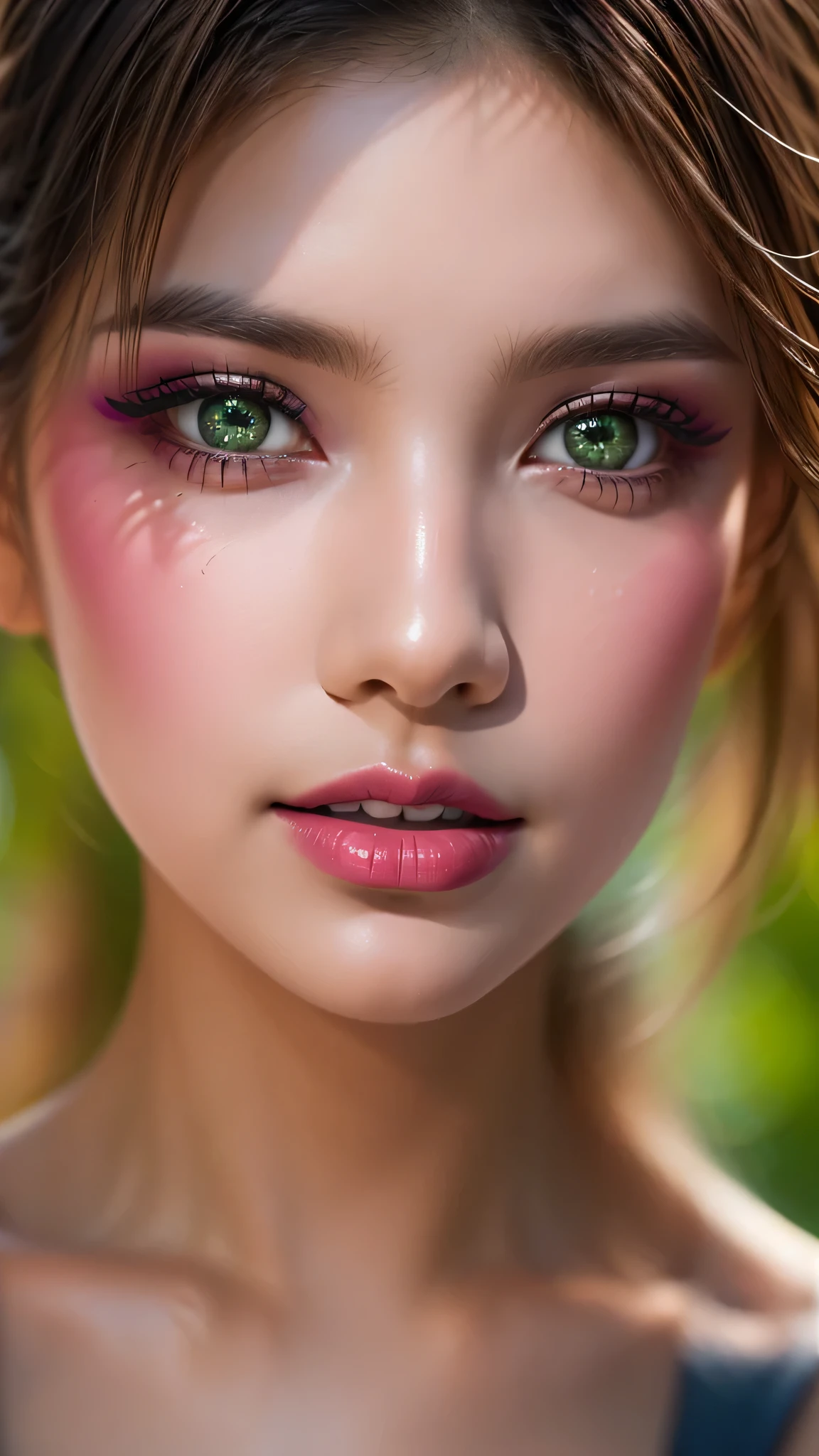 Quality\Realistic,(photorealistic Realism),(high resolution),((intricately detailed digital art)),ultra real texture skin,ultra real texture hair,ultra realisitic,ultra quality,professional photography.ray trace,golden ratio\), BRAKE , Famale\solo,1woman,20yo,(glamour shot of girl:1.2),(Super beautiful),(vivid and colorful), The attention to detail, focus of girl, dynamic pose, sexy and seductive,flirty smile,dslr,high quality split lighting,sharp focus captured by Fujifilm XT3,f 5.6, in a dramatic lighting,(perfect composition\),Skin\(white,pale,smooth,silky,shiny\),Eyes\(sharp focus,Ultra resolution,absurd quality,clearly visible ultra details,no blurry,perfect round realistic brown_eyes:1.35),(intricately fine details eyes),((close up of a woman's eyes:1.2)),(perfect round eyes:1.4),(finely detailed pupils,(intricately fine details of pupils:1.3)),(intricately fine details of iris:1.3),((Vibrant eye digital art:delicately painted in mesmerizing array of colors)\),wear makeup\(professional makeup:1.34),(Thin eyebrows),Carefully draw Long eyelashes,(blue_lashes:1.33),((perfect dark_eyeshadows:1.44)),detailed lips:1.3,(apply glossy red_lipstick:1.25),(pink_makeup:1.35\),Costume\((random u%u top:1.35)\),(beautiful little nose),perfect proportions, anatomically correct,perfect female body,(firm and full breasts:1.2), BREAK ,Background\(perfect composition),(outside,an orchard of blooming cherry trees),look at the viewer,