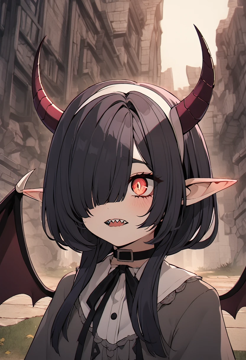 Rosto detalhado, grandes olhos, sharp teeth, hair over eyes, hairband, demon horns, demon wings, long hair, pointy ears, elf, black hair, peitos muito muito grandes, corpo inteiro,