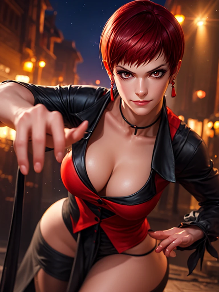 Woman in her 30s, alone, alone, athletic, very short red hair, ultra detailed, looking furiously at viewer with very upset eyes, angry gesture, has demonic costume, full body, digital art, moonlight, young woman, hands perfect and beautiful. with perfect fingers, perfect legs, beautiful body, beautiful nose, beautiful character design, perfect face, looks at the viewer (focusing on the entire character), closed mouth, Light_Smile, official art, wallpaper 8k CG extremely detailed unit, lighting perfect, bright and colorful front lighting, glowing skin (masterpiece: 1.0), (best quality: 1.0), ultra high resolution, 4K, ultra detailed photography, 8K, HDR, high resolution, nonsense: 1.2, Kodak portra 400, grain film, blurred background, bokeh: 1.2, lens flare, (vibrant_color: 1.2), professional photography, (beautiful_face: 1.5), (narrow waist)
