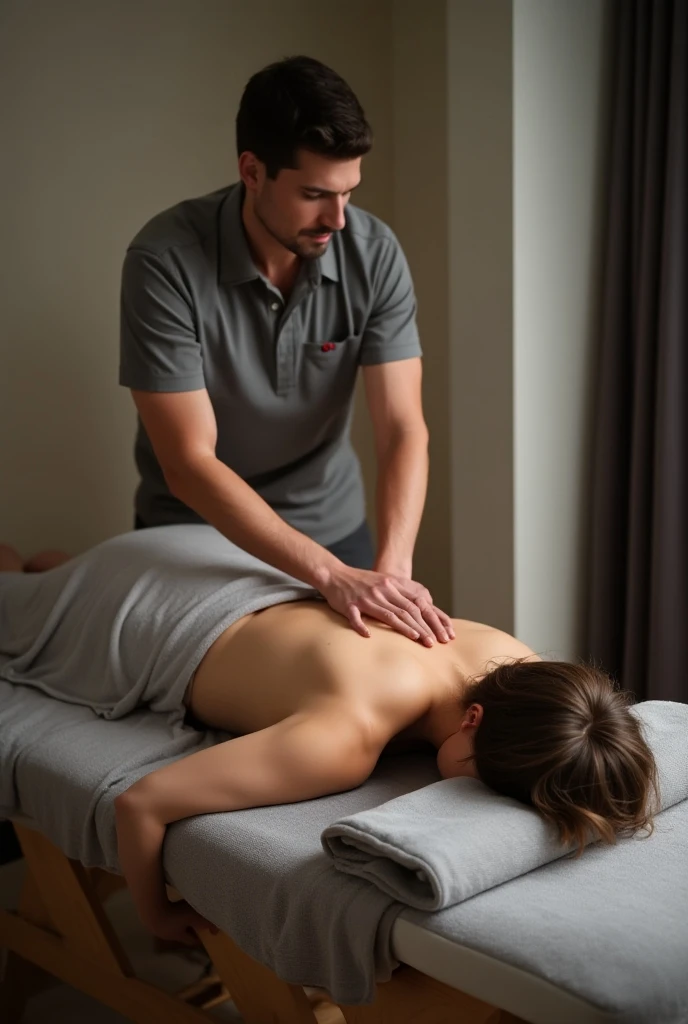 Woman leaning forward with her elbows on a man's back, chair massage