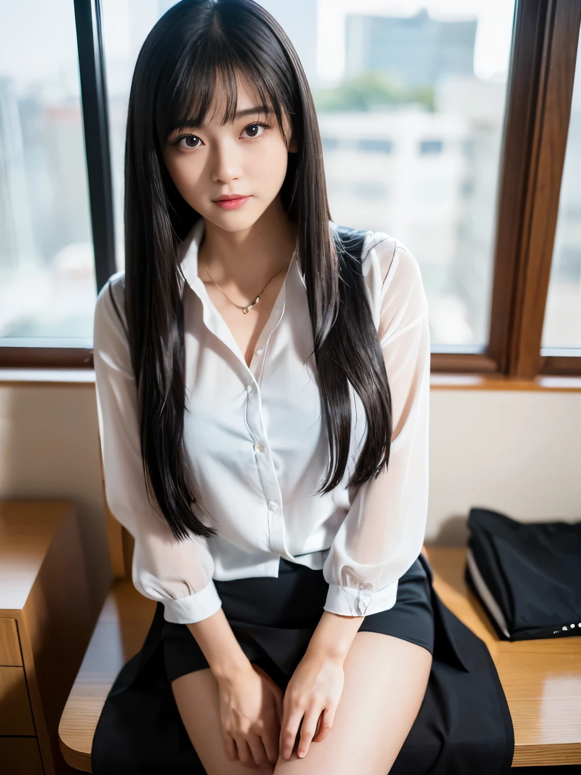 (In 8K,highest quality,masterpiece),(Realistic,RAW Photos,Super Fine Clear),Realistic Light,Detailed skin,Beautiful Japanese Woman,((30-year-old woman,))、Businesswoman、Office Fashion,(Long skirt)、Panty shot,Black sexy panties、kneeling to spread legs,Thin legs、fine grain,Detailed fingers、Sexual,Ecstasy表情,In a stylish bedroom、a place where there are no people,Ecstasy,Asian Eyes Era