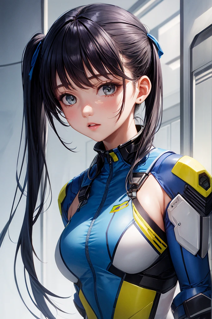 female futuristic girl with blue uniform, half-body portrait, detailed. pigtail hair