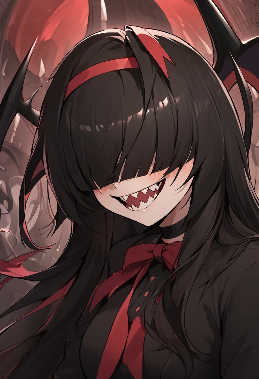 Rosto detalhado, grandes olhos, sharp teeth, hair over eyes, hairband, demon horns, demon wings, long hair, pointy ears, elf, black hair, peitos muito muito grandes, corpo inteiro, 1girl