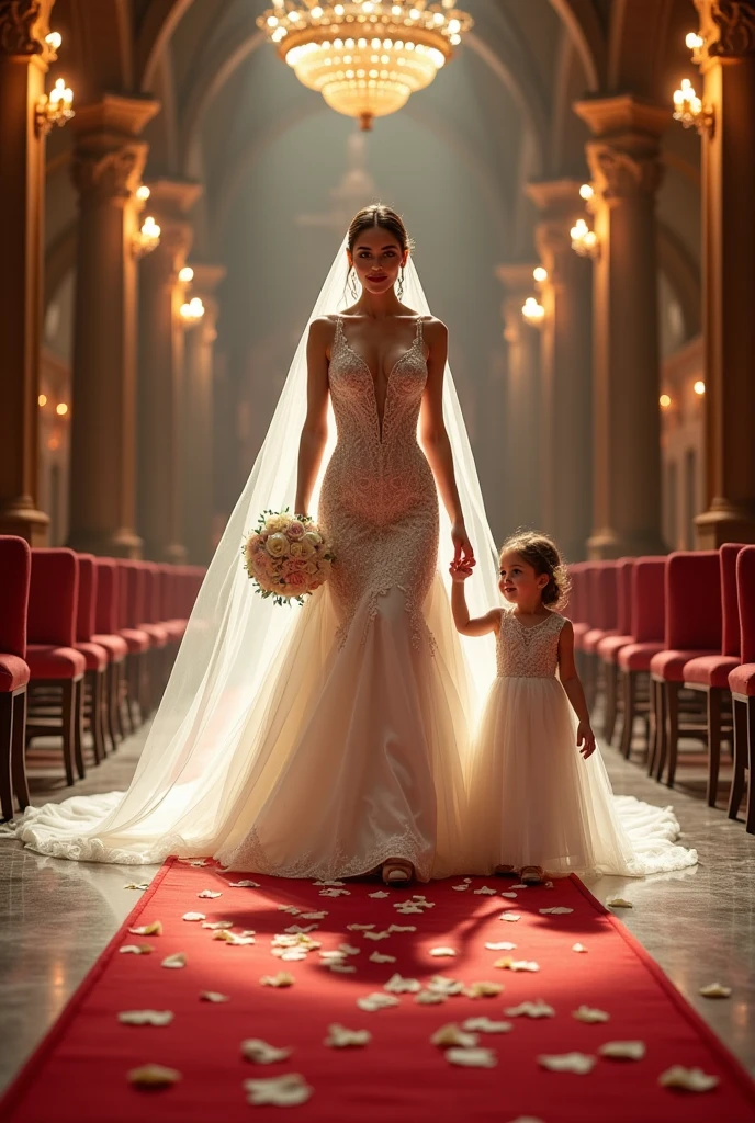 high quality photorealistic image of a royal bride, stunning goddess walking to altar with a wedding hand bouquet, red carpet scattered with white rose petals, a little flower girl for the bride walk in front of her with smile, looking to viewer, intricate, dramatic lights