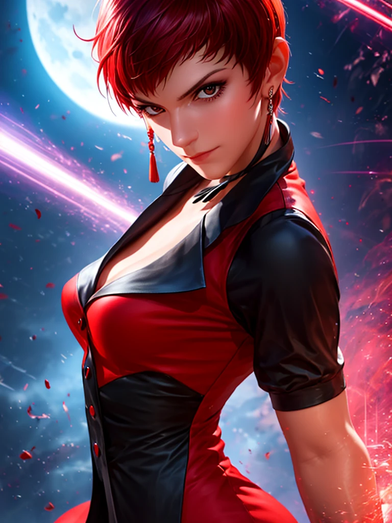 Woman in her 30s, alone, alone, athletic, very short red hair, ultra detailed, looking furiously at viewer with very upset eyes, angry gesture, has demonic costume, full body, digital art, moonlight, young woman, hands perfect and beautiful. with perfect fingers, perfect legs, beautiful body, beautiful nose, beautiful character design, perfect face, looks at the viewer (focusing on the entire character), closed mouth, Light_Smile, official art, wallpaper 8k CG extremely detailed unit, lighting perfect, bright and colorful front lighting, glowing skin (masterpiece: 1.0), (best quality: 1.0), ultra high resolution, 4K, ultra detailed photography, 8K, HDR, high resolution, nonsense: 1.2, Kodak portra 400, grain film, blurred background, bokeh: 1.2, lens flare, (vibrant_color: 1.2), professional photography, (beautiful_face: 1.5), (narrow waist)
