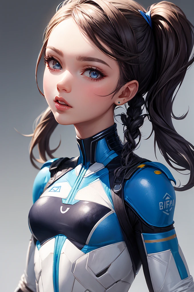 female futuristic girl by artgerm, with blue uniform, half-body portrait, detailed. pigtail hair
