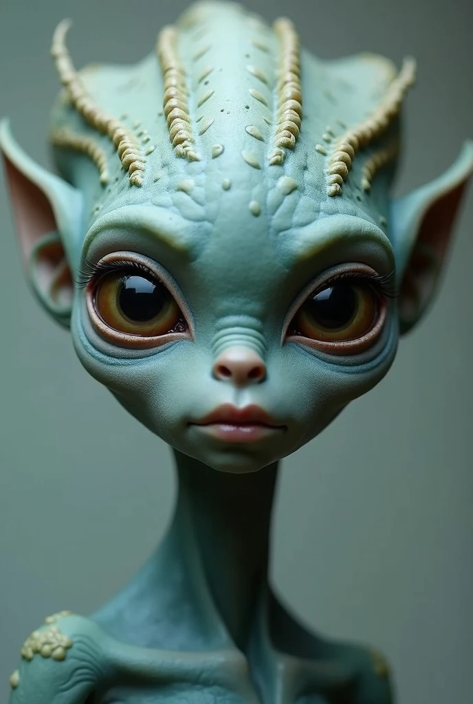 An alien with a human-like appearance and sparkling eyes like a star.