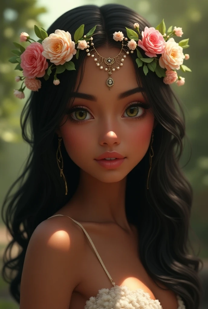Belecatl fictional goddess of beauty and felines. Her skin is light brown, clean and flawless., She is a beautiful young woman with strong factions, Does Foxy Eyes have they're like flirty, Full lips small nose , very long black hair with a flower crown , a girl with captivating beauty and charming