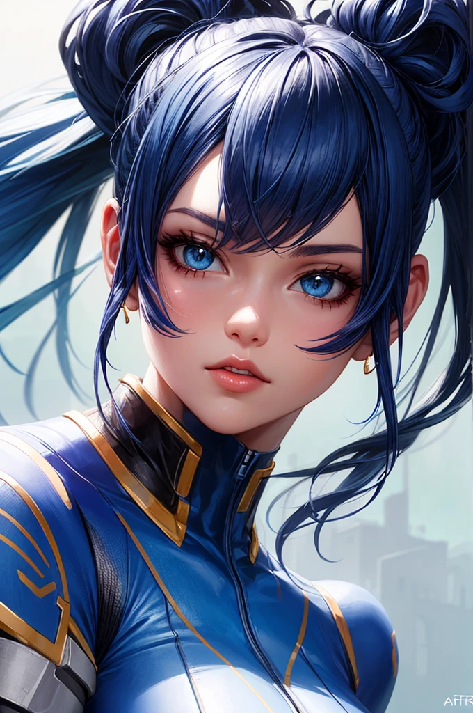 female futuristic girl by artgerm, with blue uniform, half-body portrait, detailed. pigtail hair
