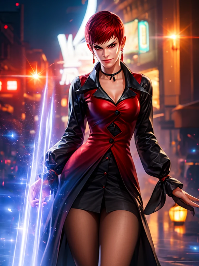 Woman in her 30s, alone, alone, athletic, very short red hair, ultra detailed, looking furiously at viewer with very upset eyes, angry gesture, has demonic costume, full body, digital art, moonlight, young woman, hands perfect and beautiful. with perfect fingers, perfect legs, beautiful body, beautiful nose, beautiful character design, perfect face, looks at the viewer (focusing on the entire character), closed mouth, Light_Smile, official art, wallpaper 8k CG extremely detailed unit, lighting perfect, bright and colorful front lighting, glowing skin (masterpiece: 1.0), (best quality: 1.0), ultra high resolution, 4K, ultra detailed photography, 8K, HDR, high resolution, nonsense: 1.2, Kodak portra 400, grain film, blurred background, bokeh: 1.2, lens flare, (vibrant_color: 1.2), professional photography, (beautiful_face: 1.5), (narrow waist)
