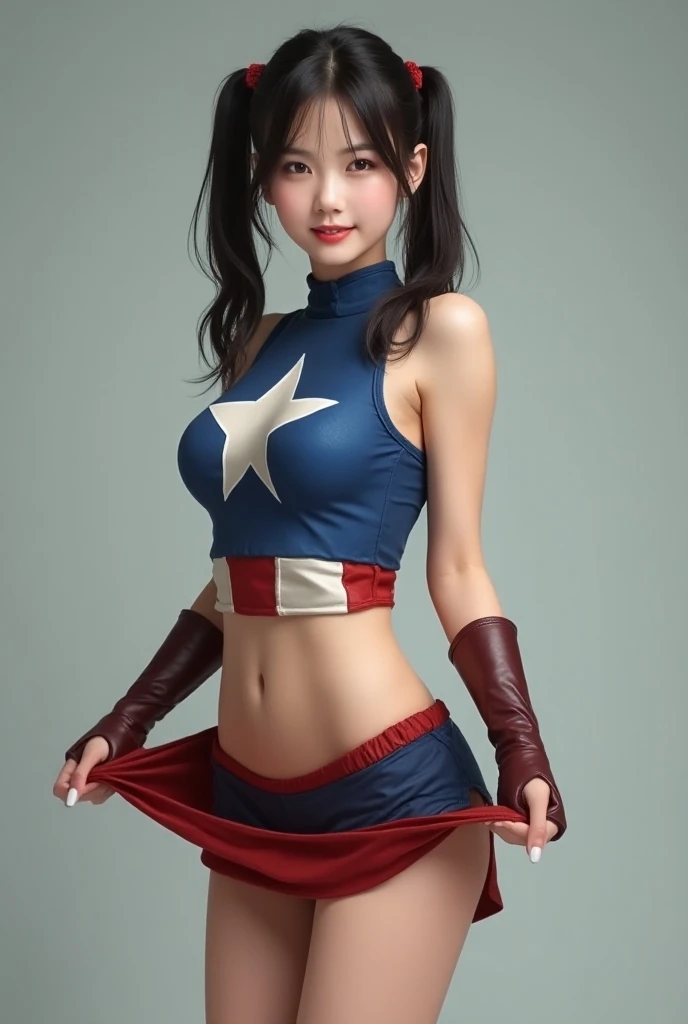photorealistic, high resolution, soft light,1women, solo, hips up, shining skin, (detailed face), captain american costume, jewelry, tattoo