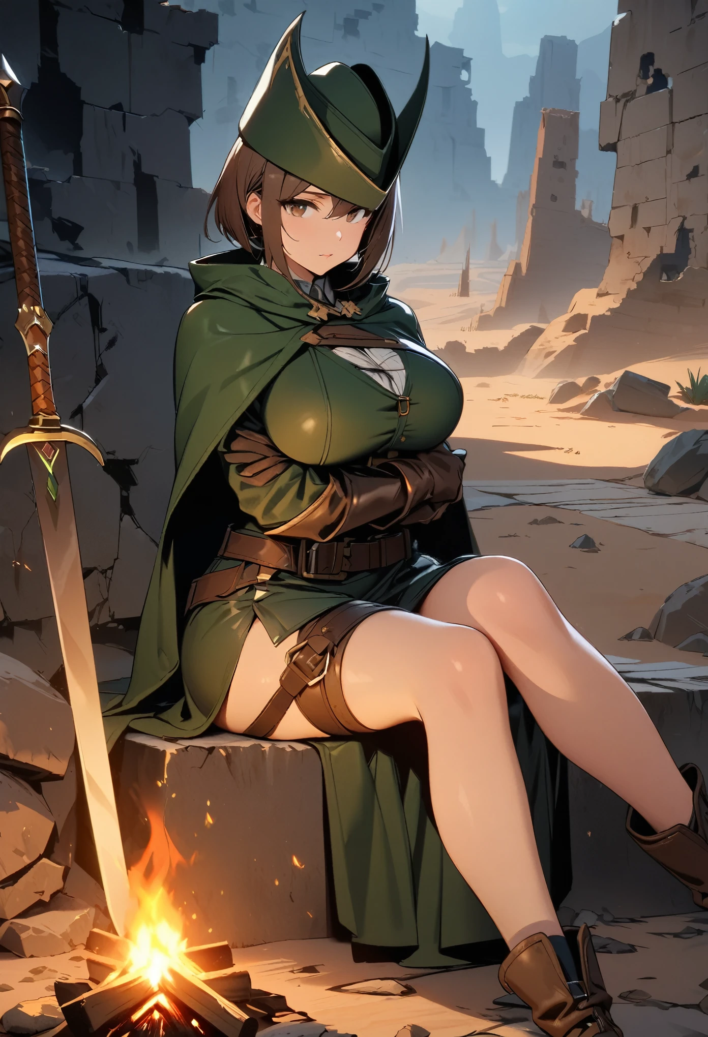 (Masterpiece, best quality, high resolution, perfect anatomy), Fantasy Assassin (extremely detailed face) (beautiful detailed eyes), (1 woman:1.1),(dark skin:1.2), ((light green medium hair)), tall stature, (toned, slender), huge breast, (black triangle bikini:1.2, micro bikini, Low Rise Bikini), Armature, looking at viewer, perfect lighting, cinematic lighting, dynamic lighting, sunny, dejected posture, (gleaming skin:1.2), Tattered brown Cloak),(rogue, leather cloth, cotton cloth, belt, pouch, boots, poison, amulet)), (ruined castle:1.3), wear a hood, (spread legs:1.2), (sit astride), (girl on top)