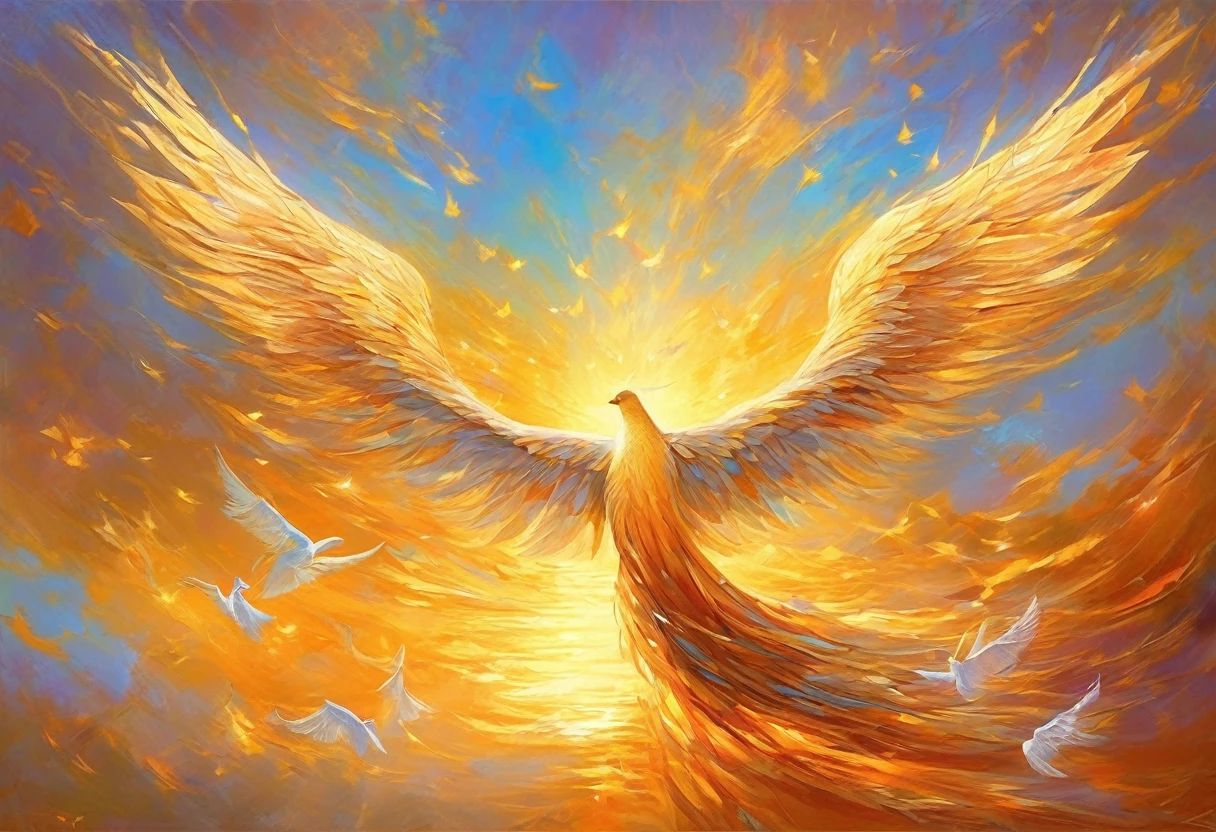 An amazing masterpiece painting of a set of wings stretched out surrounding the text "Too Much Love ?" , dynamic lighting, fine detail, best quality.