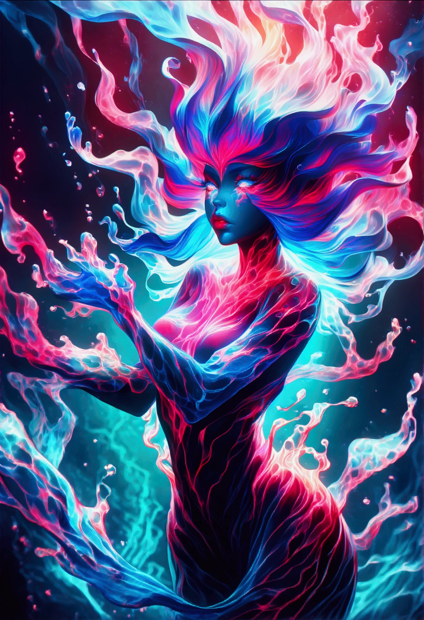 a genasi made of water, woman with water-like skin and flowing blue hair, beautiful detailed eyes, beautiful detailed lips, extremely detailed face, long eyelashes, graceful pose, underwater scene, glowing bioluminescent plants, ethereal lighting, cinematic, dramatic, vibrant colors, fantasy, digital painting, 8k, hyper detailed, masterpiece