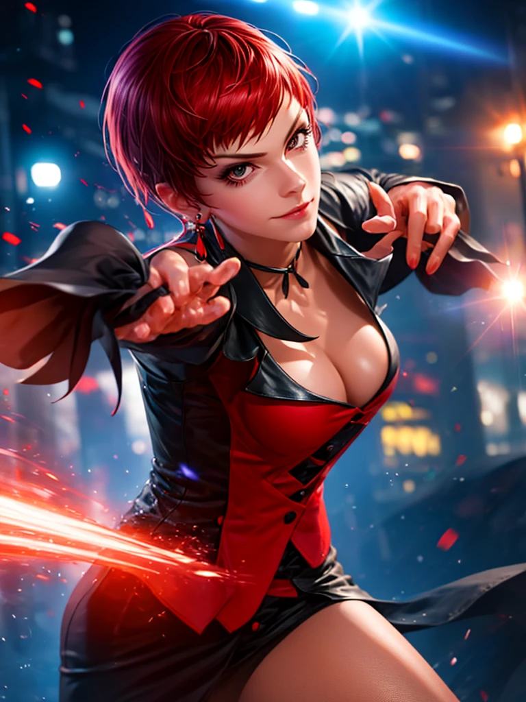 Woman in her 30s, alone, alone, athletic, very short red hair, ultra detailed, looking furiously at viewer with very upset eyes, angry gesture, has demonic costume, full body, digital art, moonlight, young woman, hands perfect and beautiful. with perfect fingers, perfect legs, beautiful body, beautiful nose, beautiful character design, perfect face, looks at the viewer (focusing on the entire character), closed mouth, Light_Smile, official art, wallpaper 8k CG extremely detailed unit, lighting perfect, bright and colorful front lighting, glowing skin (masterpiece: 1.0), (best quality: 1.0), ultra high resolution, 4K, ultra detailed photography, 8K, HDR, high resolution, nonsense: 1.2, Kodak portra 400, grain film, blurred background, bokeh: 1.2, lens flare, (vibrant_color: 1.2), professional photography, (beautiful_face: 1.5), (narrow waist)
