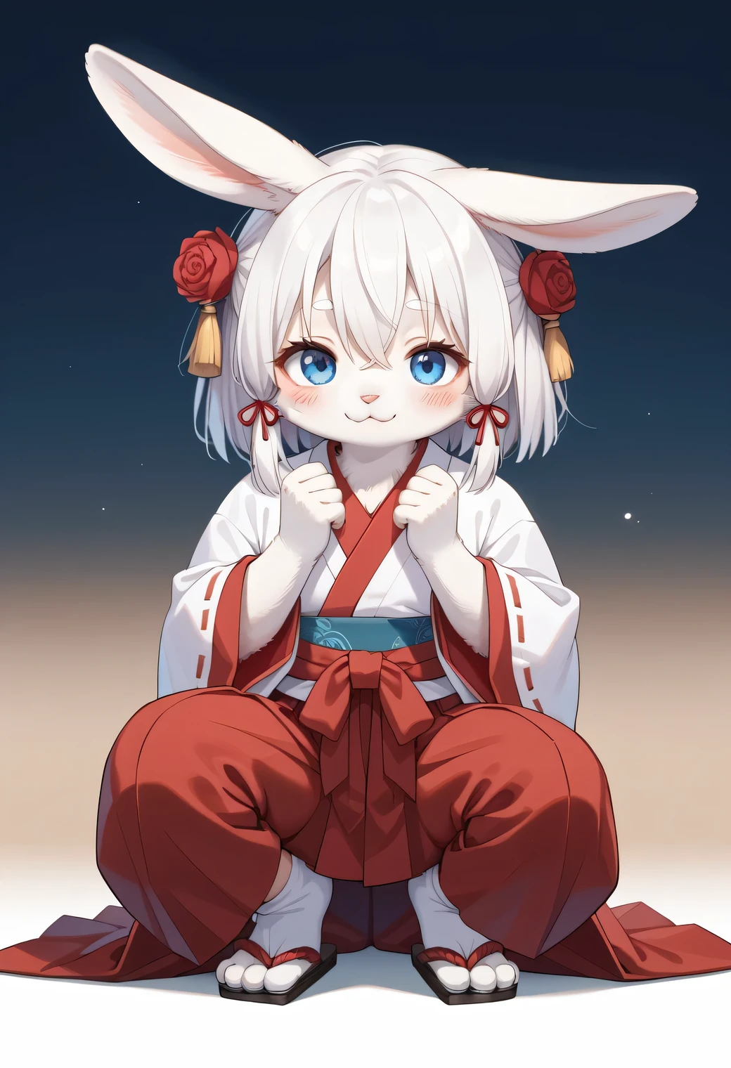 score_9, score_8_up, score_7_up, score_6_up, score_5_up, score_4_up, source_anime, best quality, amazing quality, very aesthetic, absurdres, 1girl, (furry, kemono:1.3), rabbit, solo, japanese clothes, solo, blue eyes, miko, white hair, smile, hakama, skirt, looking at viewer, white kimono, closed mouth, tabi, blush, flower, hakama skirt, red hakama, squatting, hair between eyes, kimono, white socks, socks, red flower, hair ribbon, rose, long sleeves, hair ornament, wide sleeves, full body, gradient background, abstract_background, ribbon, hands up, red ribbon, red rose, A detailed digital illustration of an anime girl with white hair, and a red bow in her hair. She is wearing a red kimono with a white top and red pants. Her hair is tied in a bow at the top of her head. Her eyes are a piercing blue. The background is a light blue, with a pattern of red roses on the left and right sides of the image. 