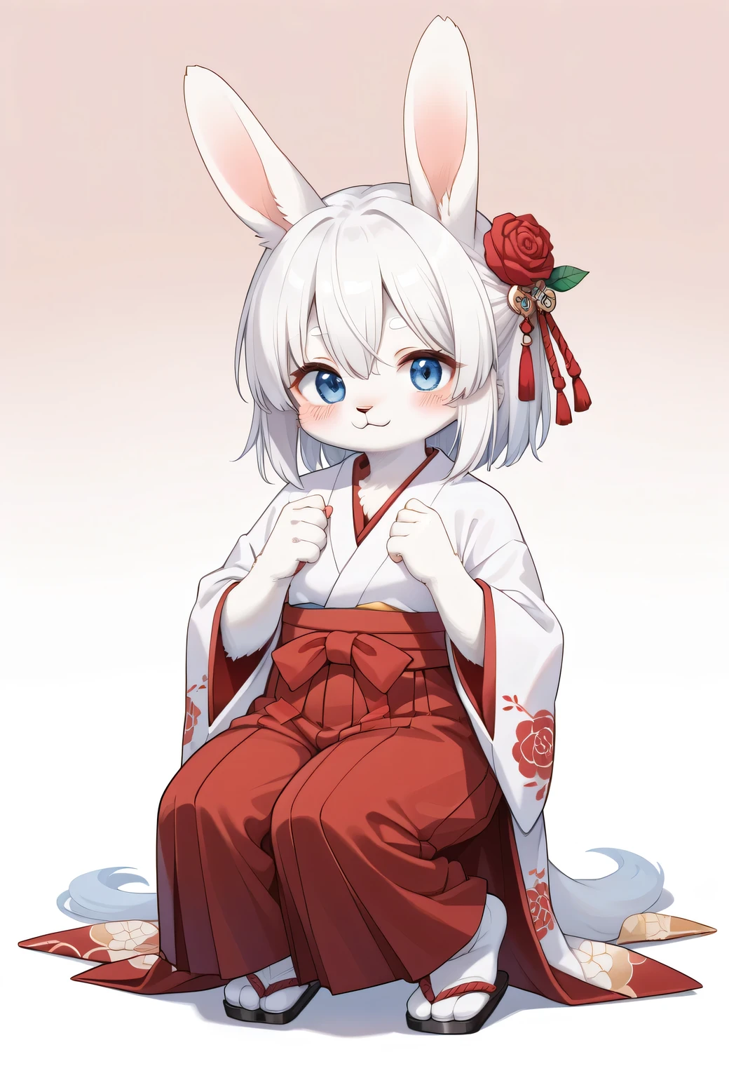 score_9, score_8_up, score_7_up, score_6_up, score_5_up, score_4_up, source_anime, best quality, amazing quality, very aesthetic, absurdres, 1girl, (furry, kemono:1.3), rabbit, solo, japanese clothes, solo, blue eyes, miko, white hair, smile, hakama, skirt, looking at viewer, white kimono, closed mouth, tabi, blush, flower, hakama skirt, red hakama, squatting, hair between eyes, kimono, white socks, socks, red flower, hair ribbon, rose, long sleeves, hair ornament, wide sleeves, full body, gradient background, abstract_background, ribbon, hands up, red ribbon, red rose, A detailed digital illustration of an anime girl with white hair, and a red bow in her hair. She is wearing a red kimono with a white top and red pants. Her hair is tied in a bow at the top of her head. Her eyes are a piercing blue. The background is a light blue, with a pattern of red roses on the left and right sides of the image. 