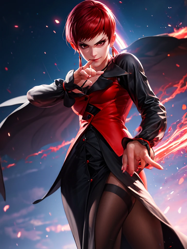 Woman in her 30s, alone, alone, athletic, very short red hair, ultra detailed, looking furiously at viewer with very upset eyes, angry gesture, has demonic costume, digital art, moonlight, young woman, perfect beautiful hands . with perfect fingers, perfect legs, beautiful body, beautiful nose, beautiful character design, perfect face, looks at the viewer (focusing on the entire character), closed mouth, Light_Smile, official art, wallpaper 8k CG extremely detailed unit, lighting perfect, bright and colorful front lighting, glowing skin (masterpiece: 1.0), (best quality: 1.0), ultra high resolution, 4K, ultra detailed photography, 8K, HDR, high resolution, nonsense: 1.2, Kodak portra 400, grain film, blurred background, bokeh: 1.2, lens flare, (vibrant_color: 1.2), professional photography, (beautiful_face: 1.5), (narrow waist)
