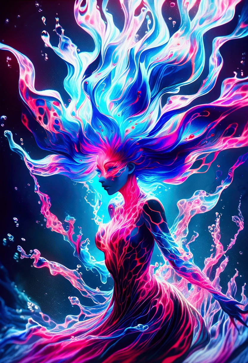 a genasi made of water, woman with water-like skin and flowing blue hair, beautiful detailed eyes, beautiful detailed lips, extremely detailed face, long eyelashes, graceful pose, underwater scene, glowing bioluminescent plants, ethereal lighting, cinematic, dramatic, vibrant colors, fantasy, digital painting, 8k, hyper detailed, masterpiece