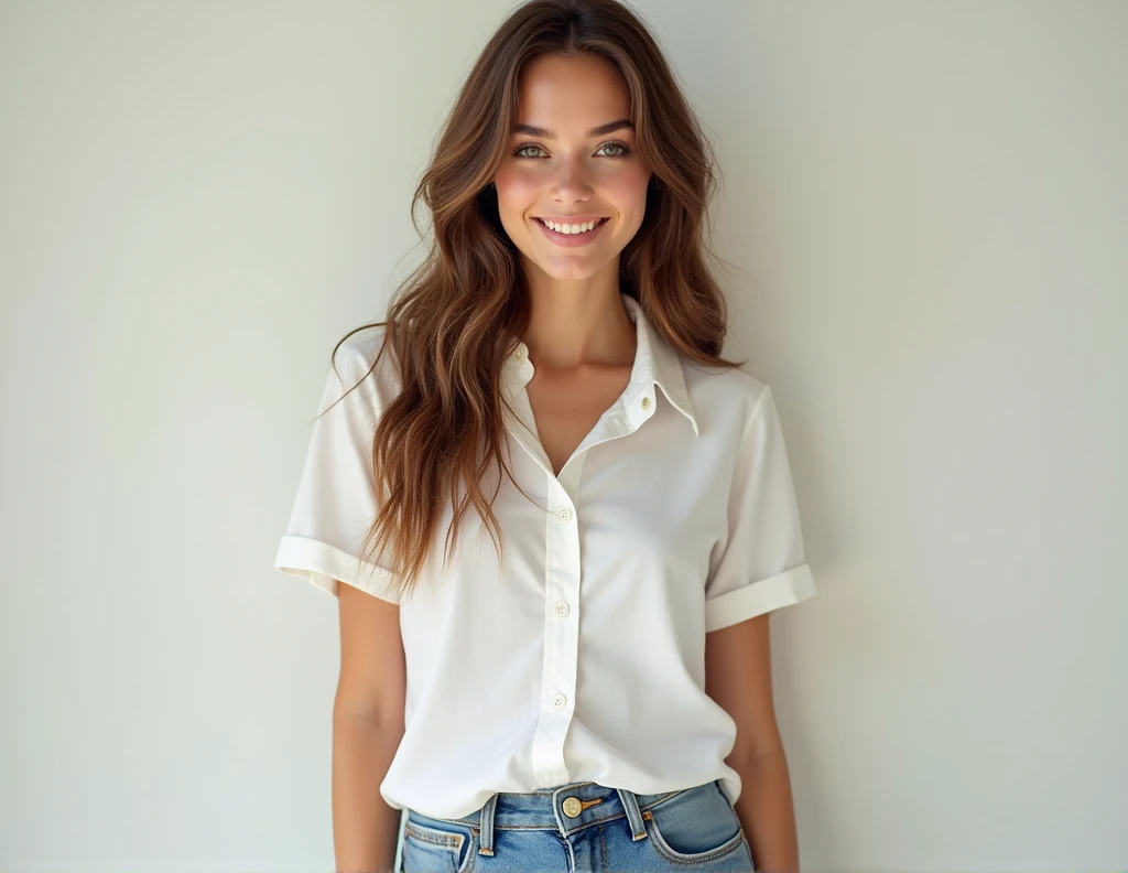 Hermoso barista fotorrealista, cara detallada, rubia, Sonrisa, ojos celestesa , jeans ajustados, maquillaje perfecto, dentro de un pub, antecedentes detallados, perfect lighting, profundidad de campos, Hermoso gradiente de sombra,