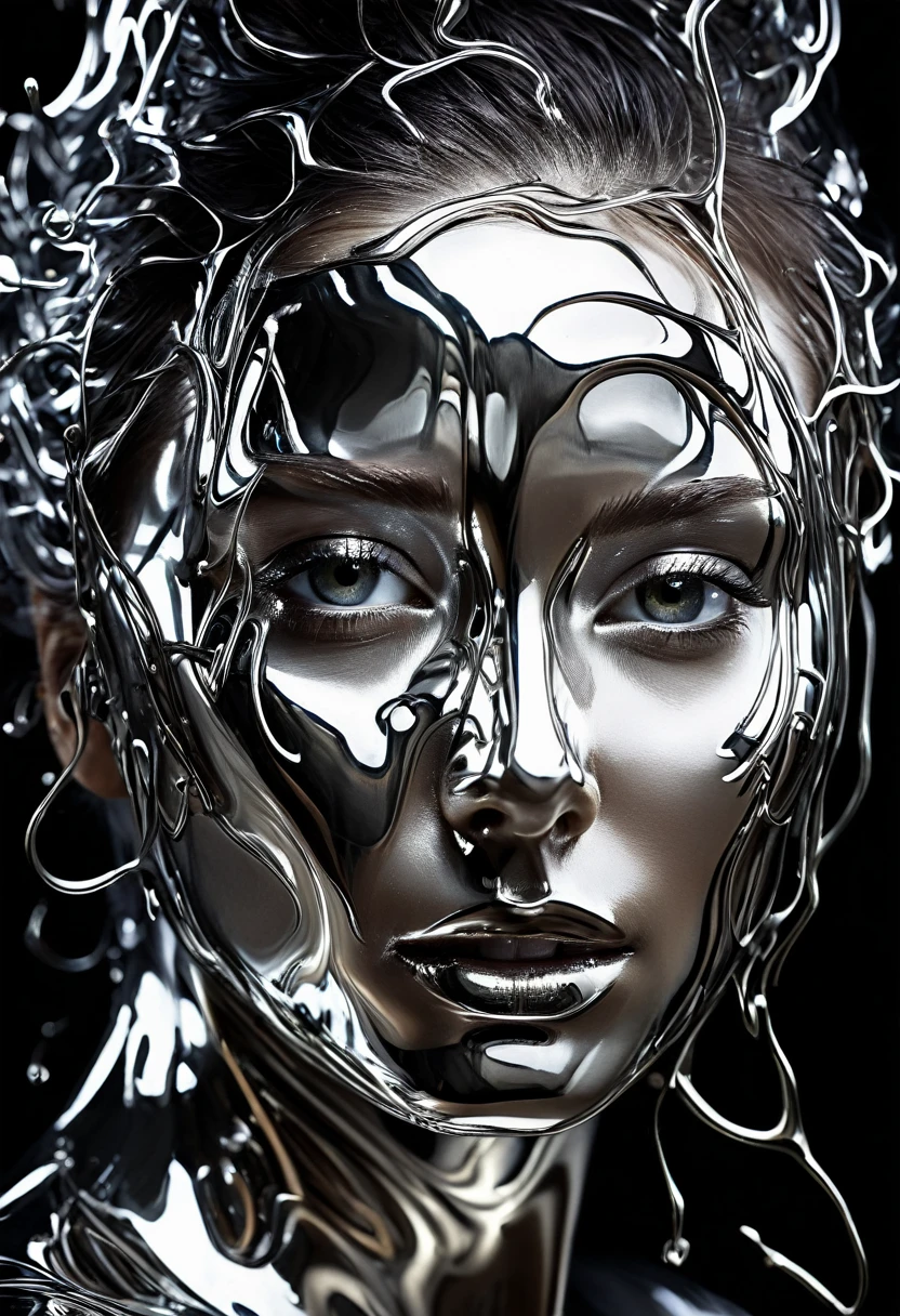  A mesmerizing close-up portrait of a woman's face ,  presenting a unique dichotomy .  The left side is elegant ,  liquid metal machinery ,  dripping and flowing dynamically as if she were a living entity .  The metallic fluid shines and reflects , creating an illusion of depth and movement. The right side ,  In strong contrast ,  remains a natural ,  soft human face ,  undisturbed by the futuristic counterpart .  The transition between the two halves is perfect ,  yet surprisingly apparent ,  drawing the viewer's attention .  The woman's eyes are expressive ,  conveying a sense of intrigue and supernatural .  kinematic Her hair flows gracefully ,  framing her face and accentuating the unique fusion of human and machine .  The background fades to a dark tone ,  mysterious tint ,  allowing the focal point to remain only on the woman's face and her remarkable transformation.

